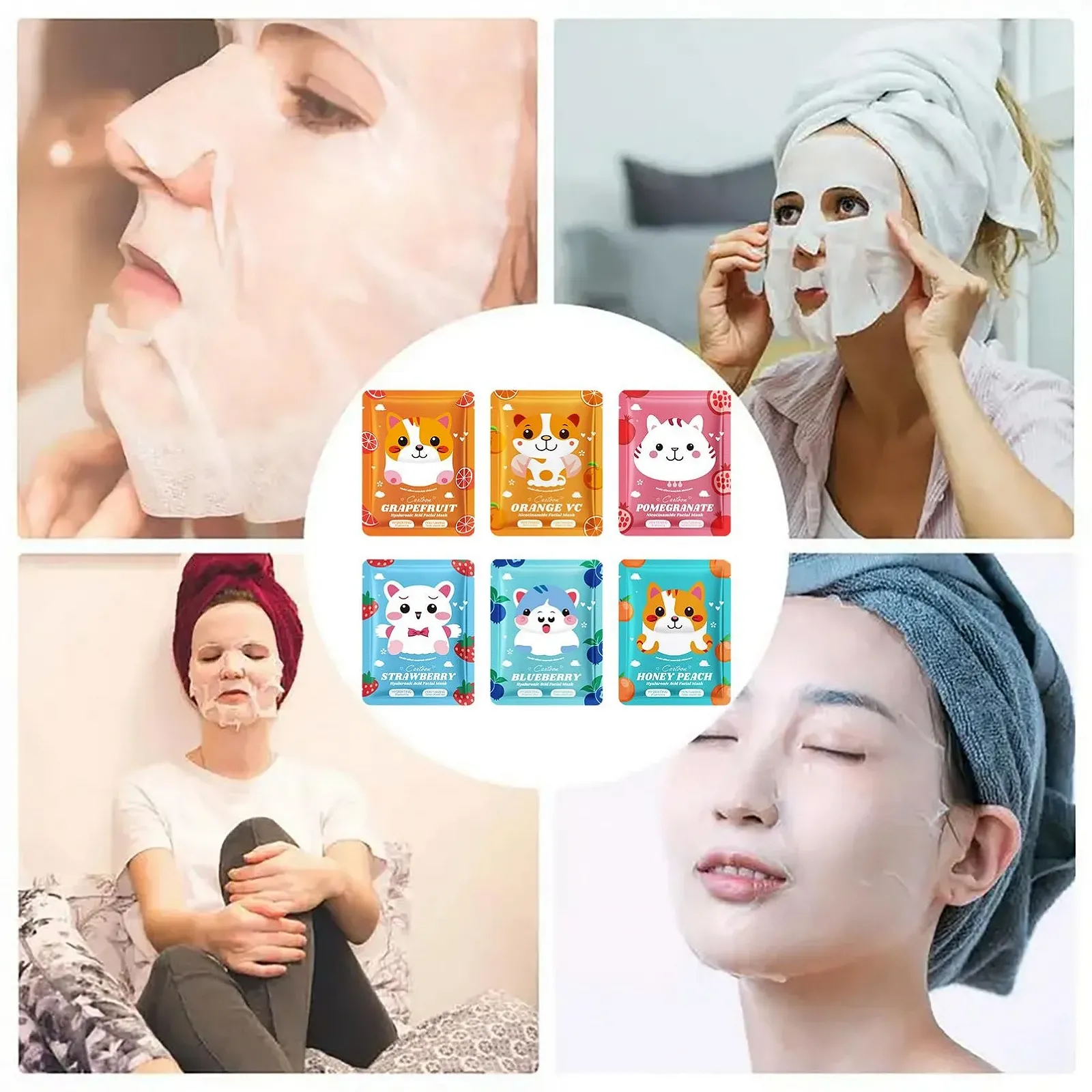 Тканевая Маска для Лица ARCHIDATE Фрукты (грейпфрут, апельсин, гранат, черника, клубника, персик) 6 шт, фото №6