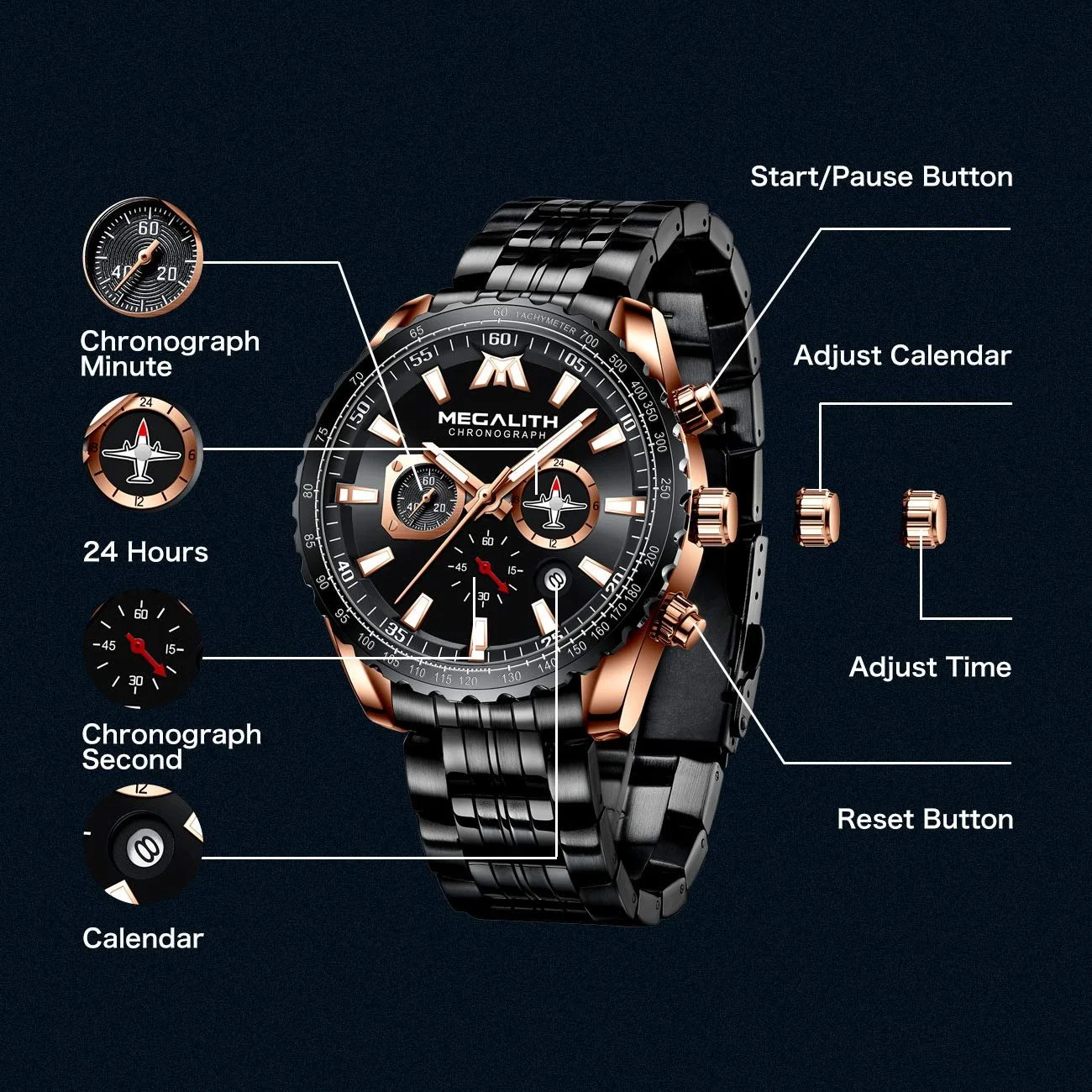 Годинник MEGALITH Чоловічий з нержавіючої сталі Хронограф, фото №6