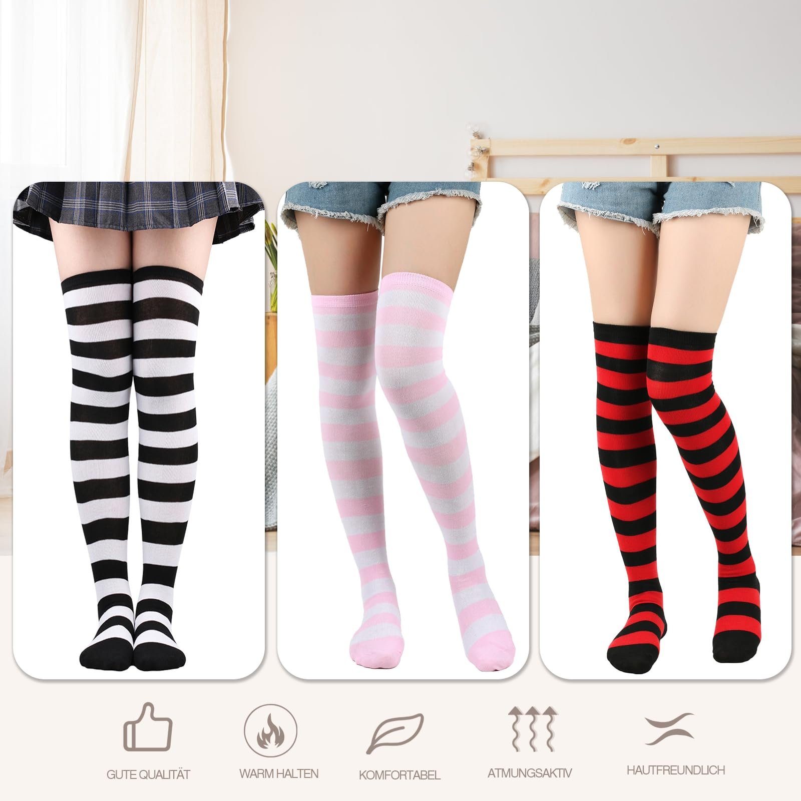 Гольфы ZOCONE Полосатые выше колена 4 пары Разноцветные Женские хлопковые очень длинные носки-гольфы полосатые гетры для тепла, разноцветные, фото №5