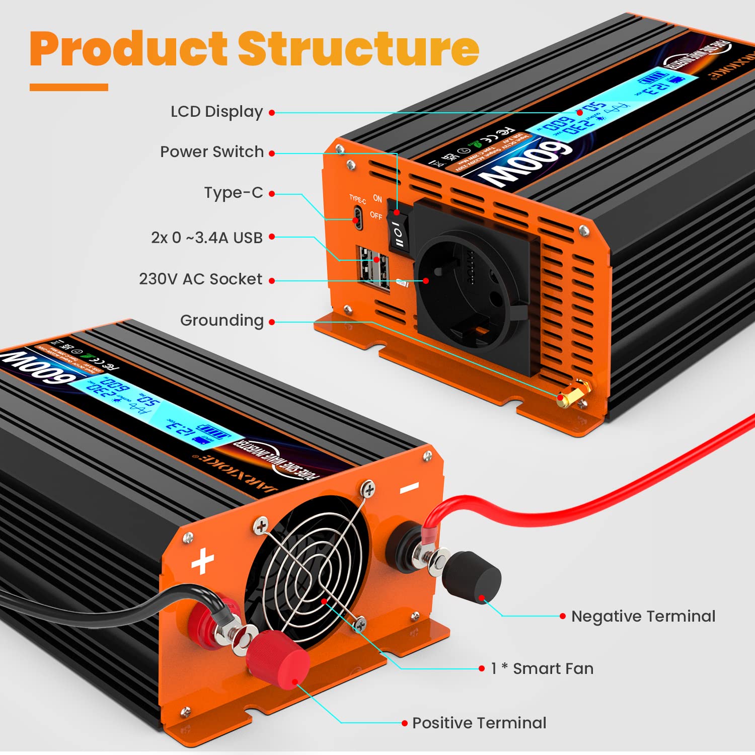 Инвертор Pure Sine Wave 600 Вт 12 В до 230 В с розеткой EU LCD дисплей, фото №3