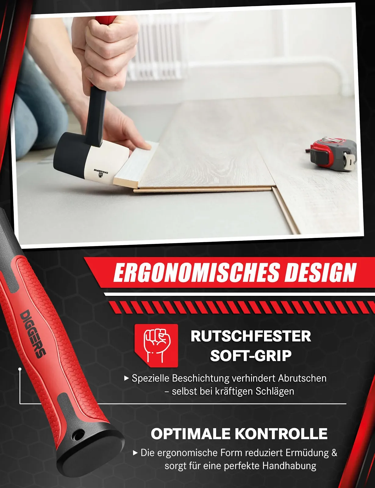 Киянка резиновая Diggers Tools 615 г 55 мм White/Black, фото №4 Киянка резиновая Diggers Tools 615 г 55 мм White/Black, фото №4