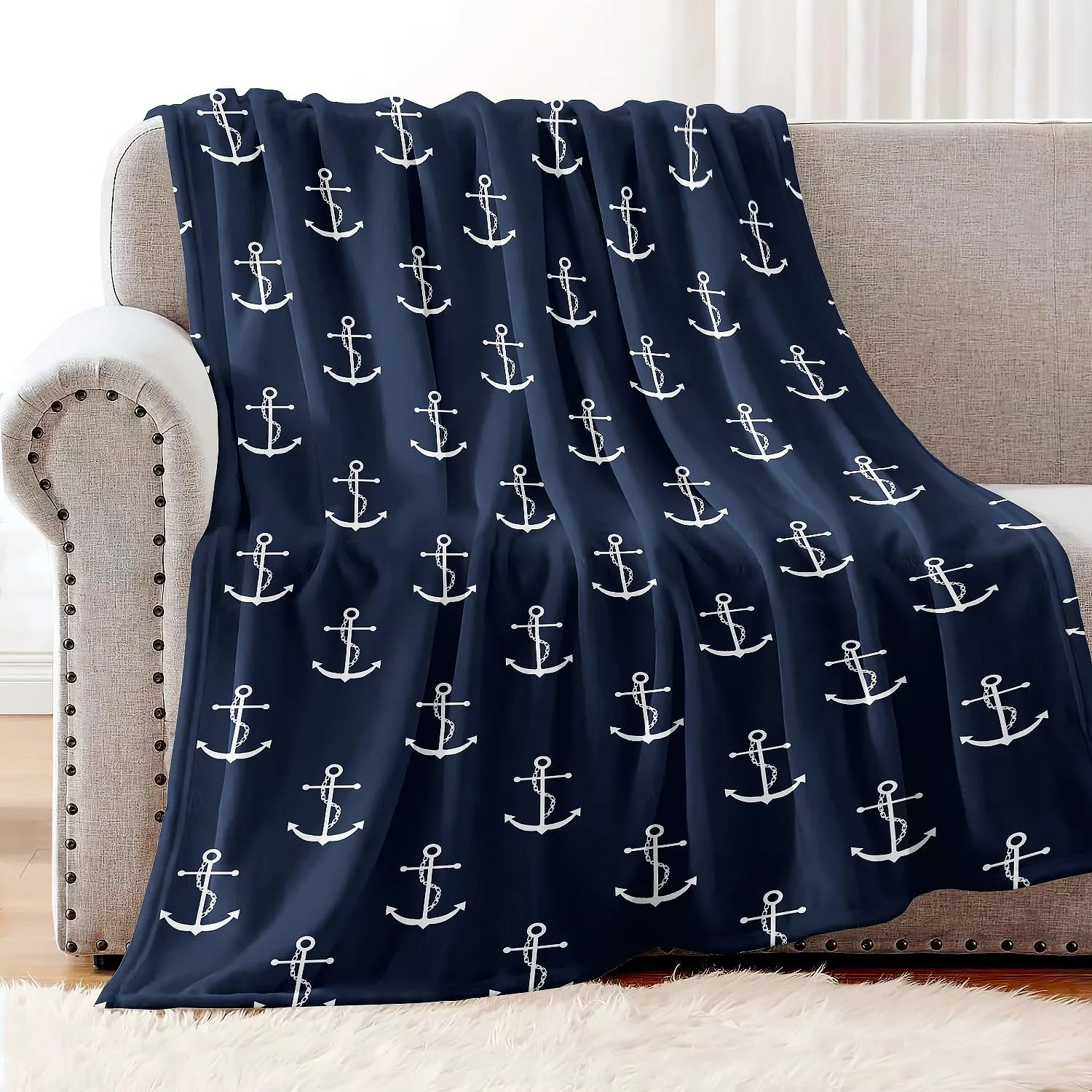 Покривало YISUMEI 150 x 200 см М'яка Фланелева Покривало М'який Фліс Синій Якір, фото №3