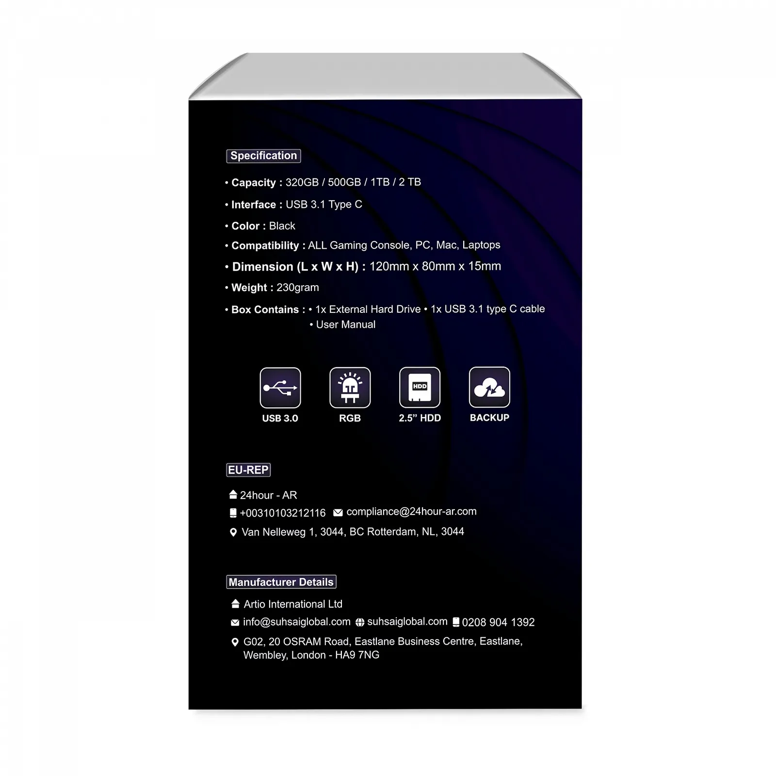 Зовнішній жорсткий диск SUHSAI 320ГБ USB 3.0 2.5" RGB, фото №4 Зовнішній жорсткий диск SUHSAI 320ГБ USB 3.0 2.5" RGB, фото №4