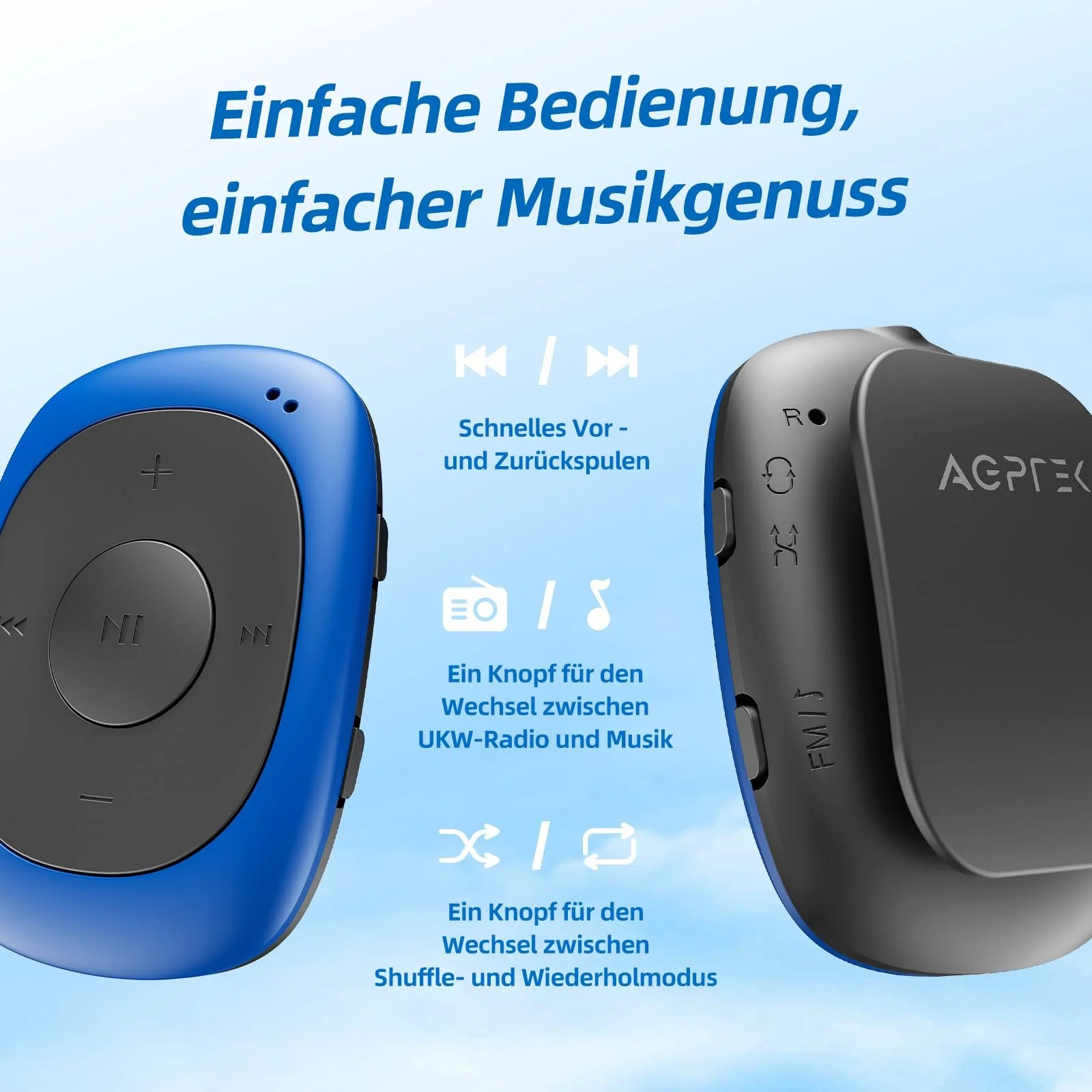 MP3-плеер AGPTEK с клипсой, портативный, 8 ГБ, мини-плеер, спортивный дизайн, синий, фото №2