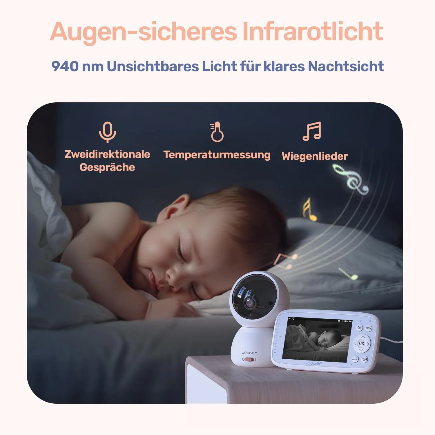 Відеоняня jeeber 4 дюйми IPS WLAN 360° 500 м Zoom App, фото №7