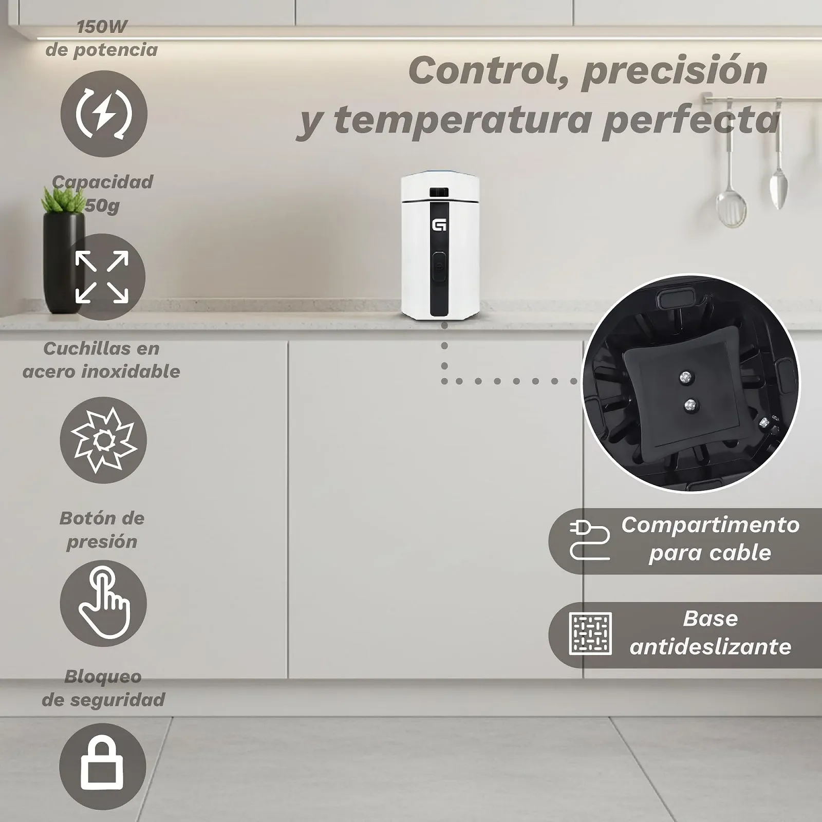 Електрична кавомолка Grunkel MO-150BL, місткість 50 г, леза з нержавіючої сталі, підходить для сухофруктів та спецій, біла, фото №3