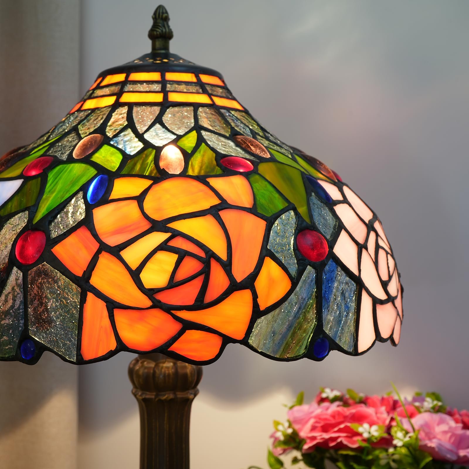 Настольная лампа Tiffany Style Rose витражное стекло 30 см прикроватная ретро бронза, фото №7
