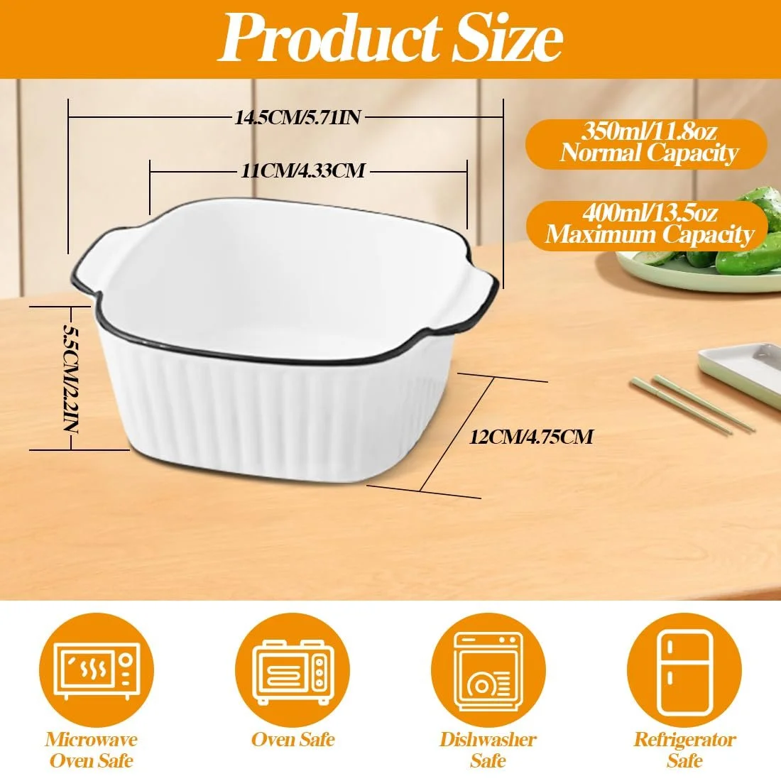 Набір форм для запікання керамічних квадратних з ручками 4 шт 14.5 x 11.5 x 5.5 см 400 мл, фото №2