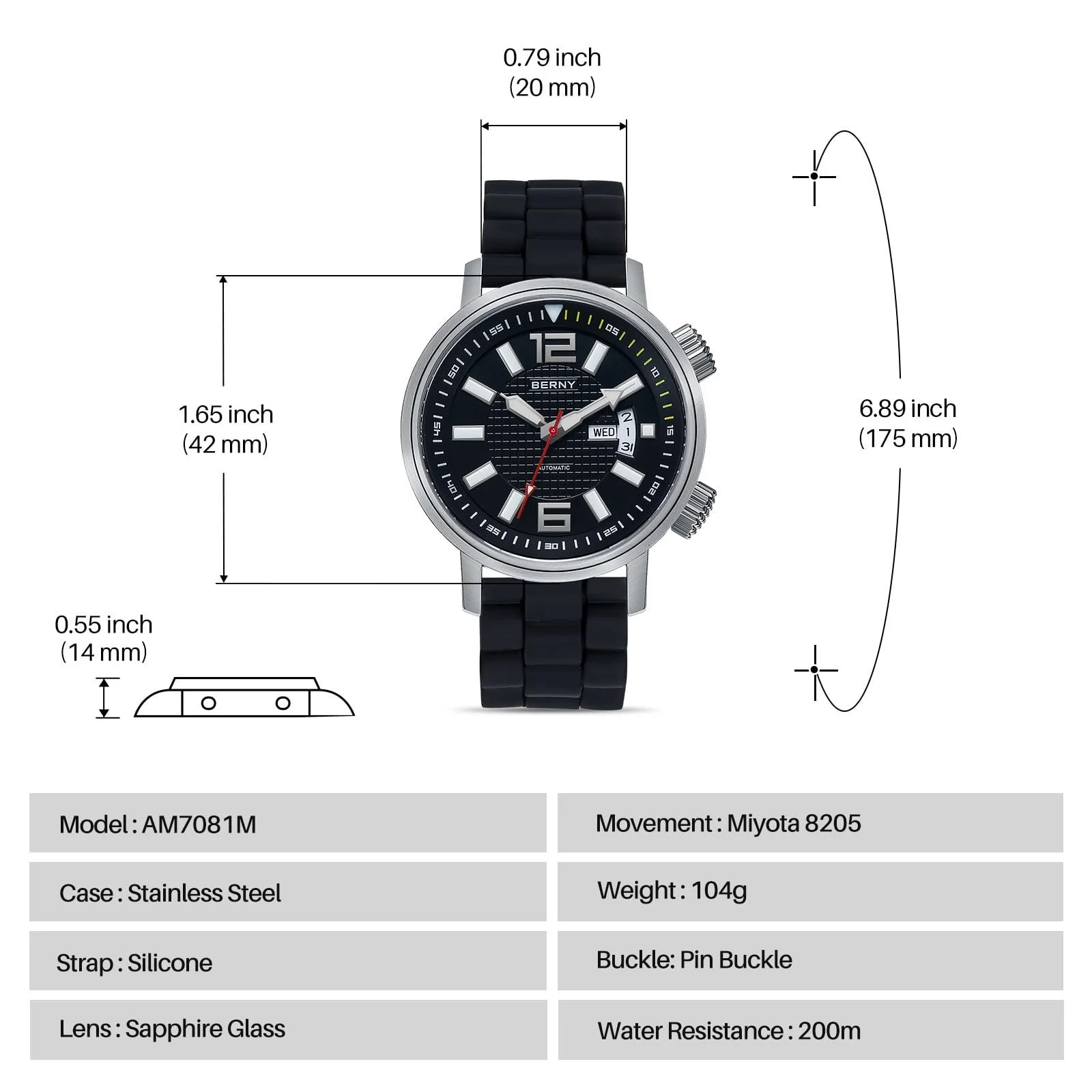 Дайверские часы BERNY Automatic Mechanical для мужчин, 20ATM водонепроницаемые, сапфировое стекло, очень яркие, фото №6 Дайверские часы BERNY Automatic Mechanical для мужчин, 20ATM водонепроницаемые, сапфировое стекло, очень яркие, фото №6