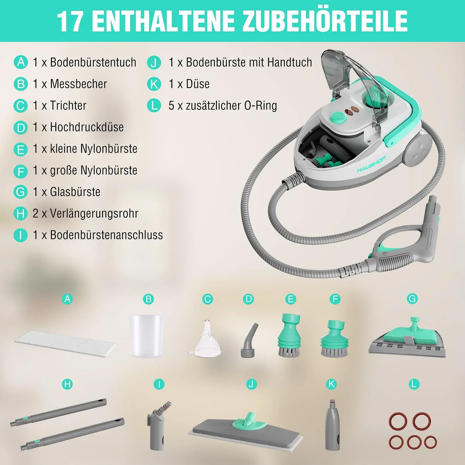 Пароочисник HAUSHOF 1800 Вт 1.5 л 4 бар 17 аксесуарів 3 м кабель, фото №2