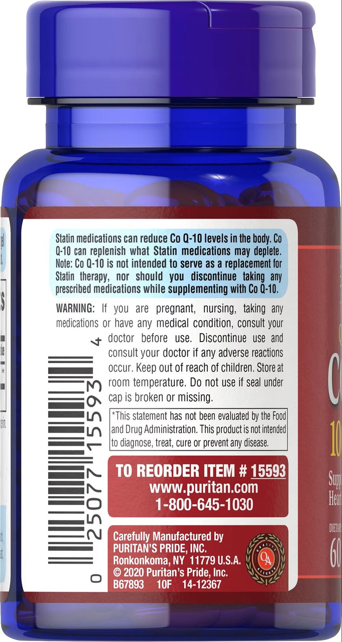 Коэнзим Puritan's Pride CO Q-10 100 mg Q-SORB 60 гелевых капсул, фото №2