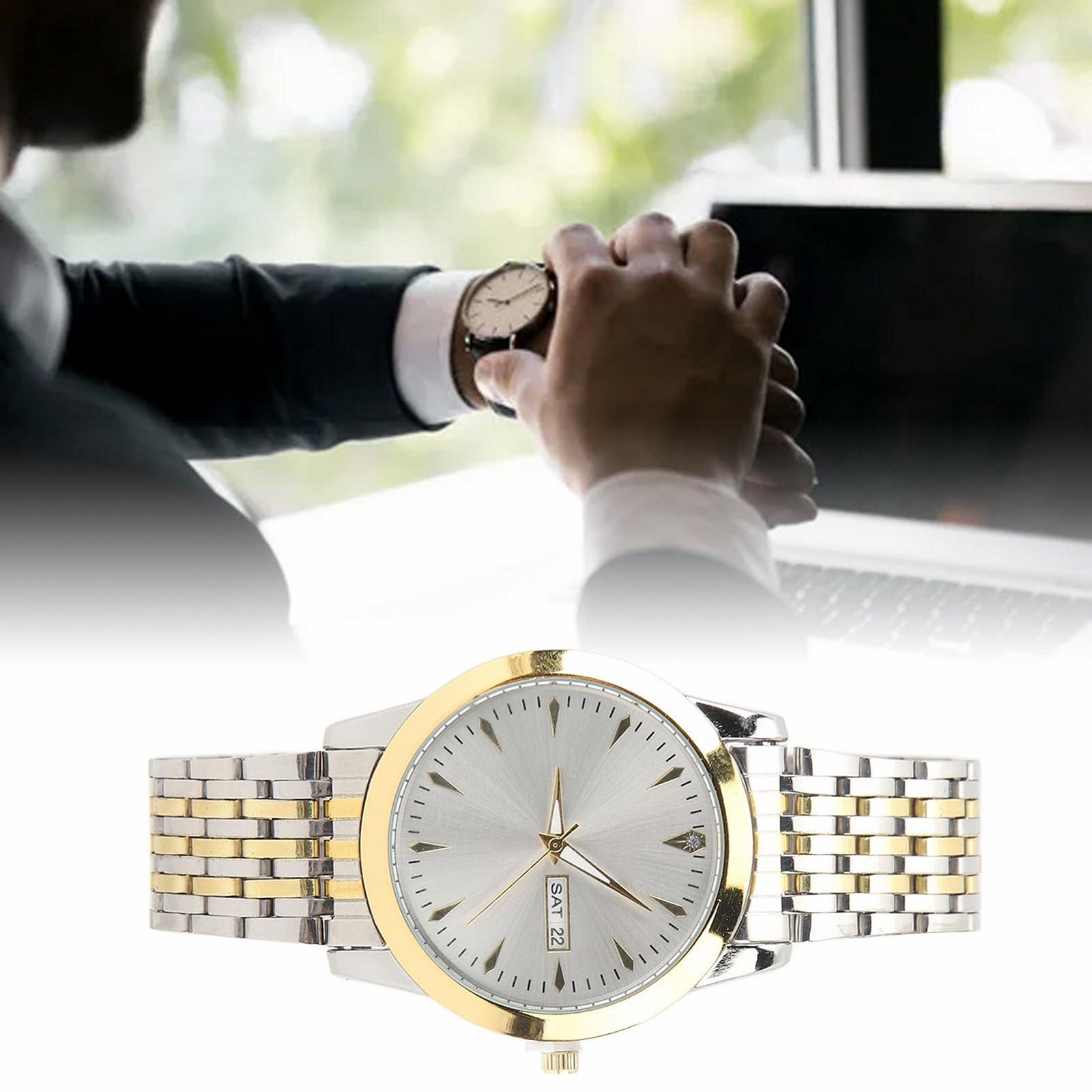 Мужские Кварцевые Часы Классический Модный Ремешок из Сплава Люминесцентные Водонепроницаемые Двойной Календарь Золотой и Серебряный Ремешок, фото №6
