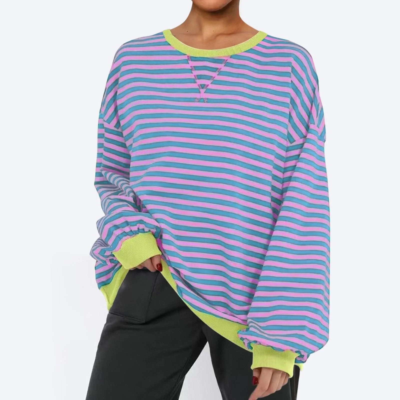 Свитшот CCOOfhhc Оверсайз В полоску Basic Круглый вырез Спортивная кофта Y2k Streetwear Свободный Длинный рукав Подростковый Полосатый Осень Зима, фото №2