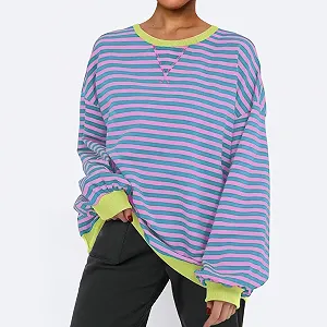 Свитшот CCOOfhhc Оверсайз В полоску Basic Круглый вырез Спортивная кофта Y2k Streetwear Свободный Длинный рукав Подростковый Полосатый Осень Зима synthetic.ua - Фото 1