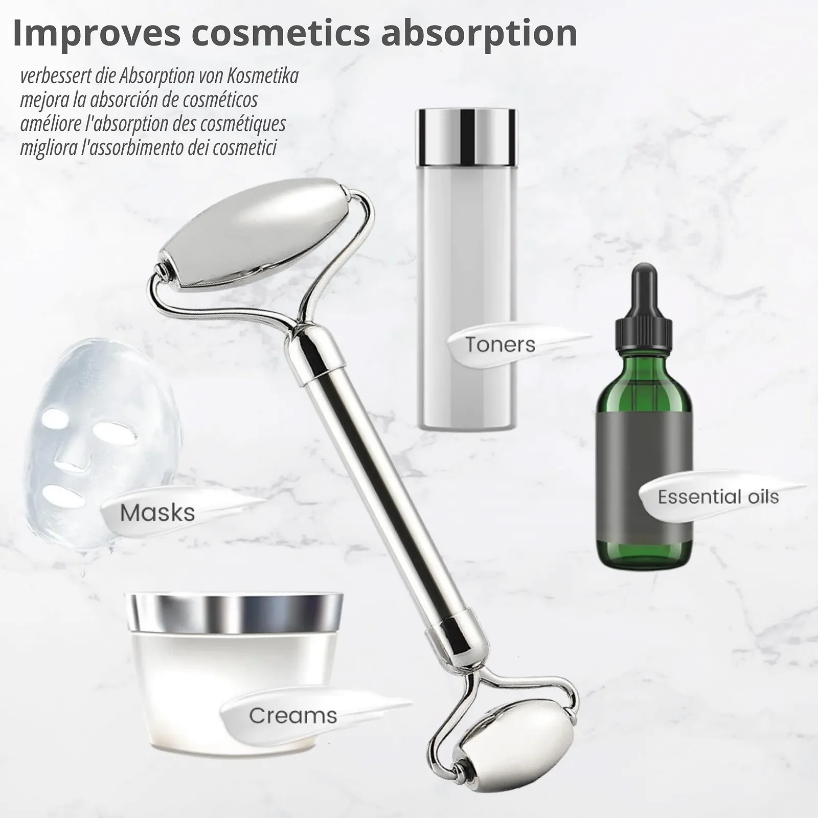 Набір Gua Sha + Масажний ролик для обличчя з нержавіючої сталі 304 і металевий камінь, фото №8