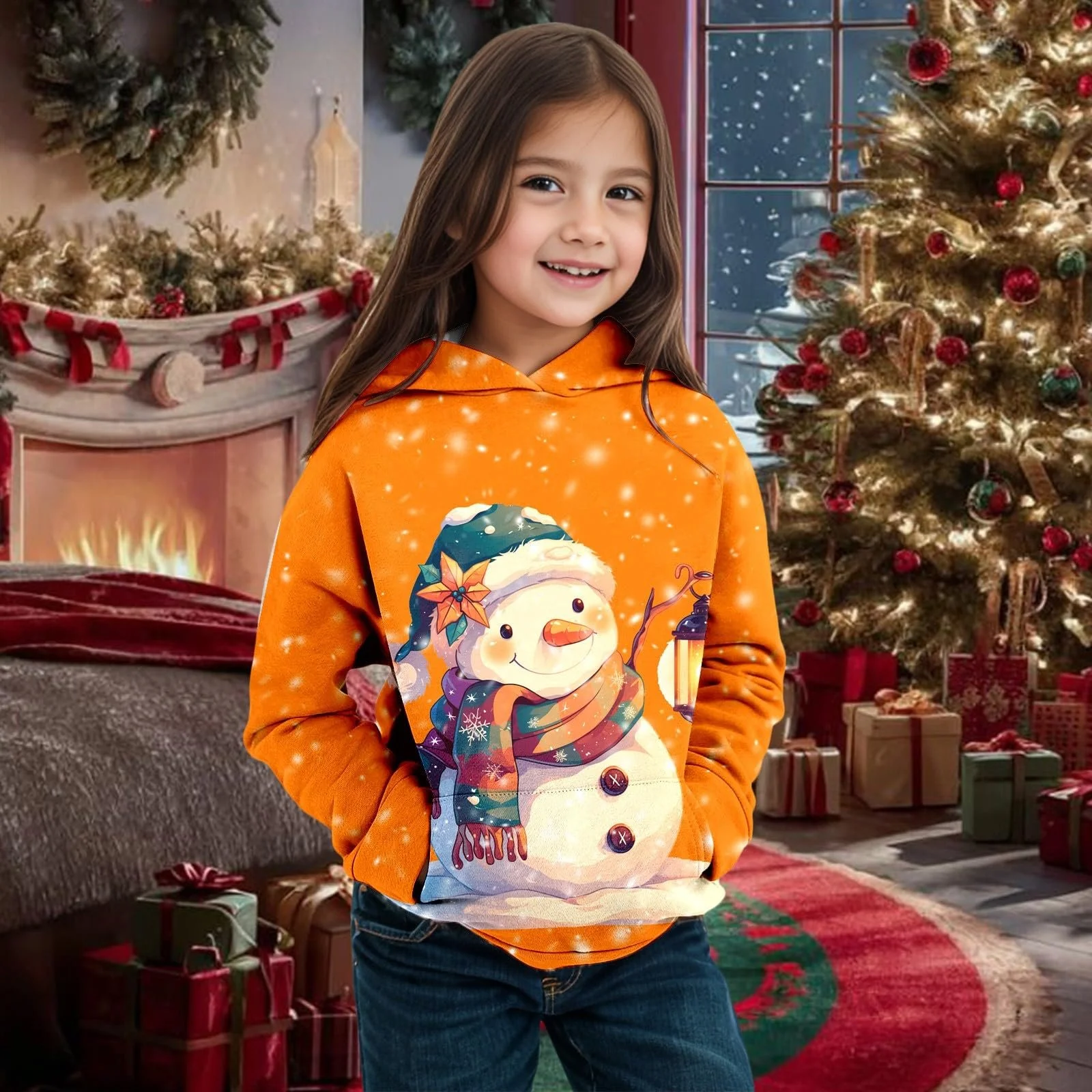 Джемпер Рождественский Для мальчиков и девочек Осень-Зима Рождественская тематика Снеговик Худи с длинными рукавами Теплый и Удобный Пальто, фото №3