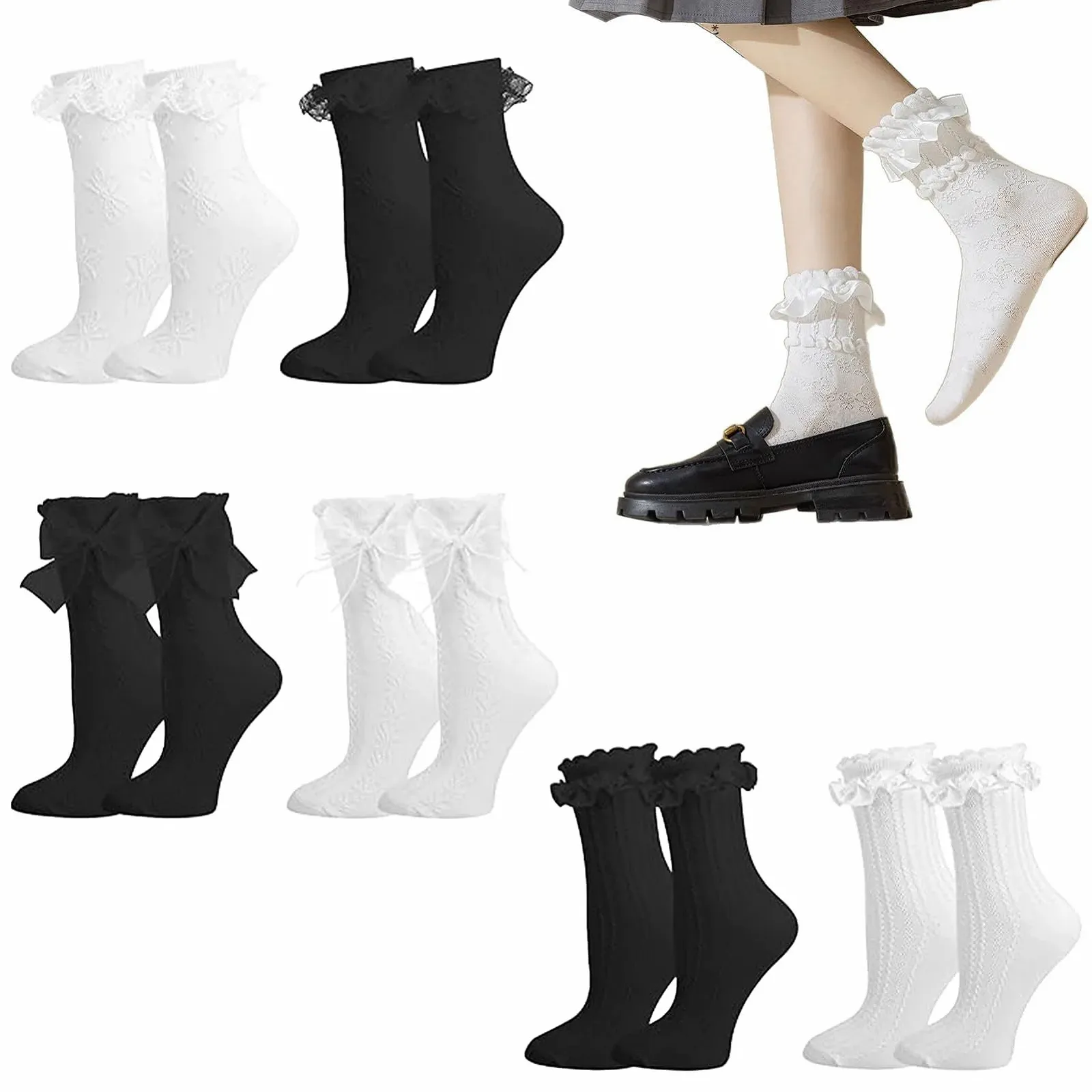 Шкарпетки з рюшами Жіночі Чорно-білі, фото №1 Шкарпетки з рюшами Жіночі Чорно-білі, фото №1