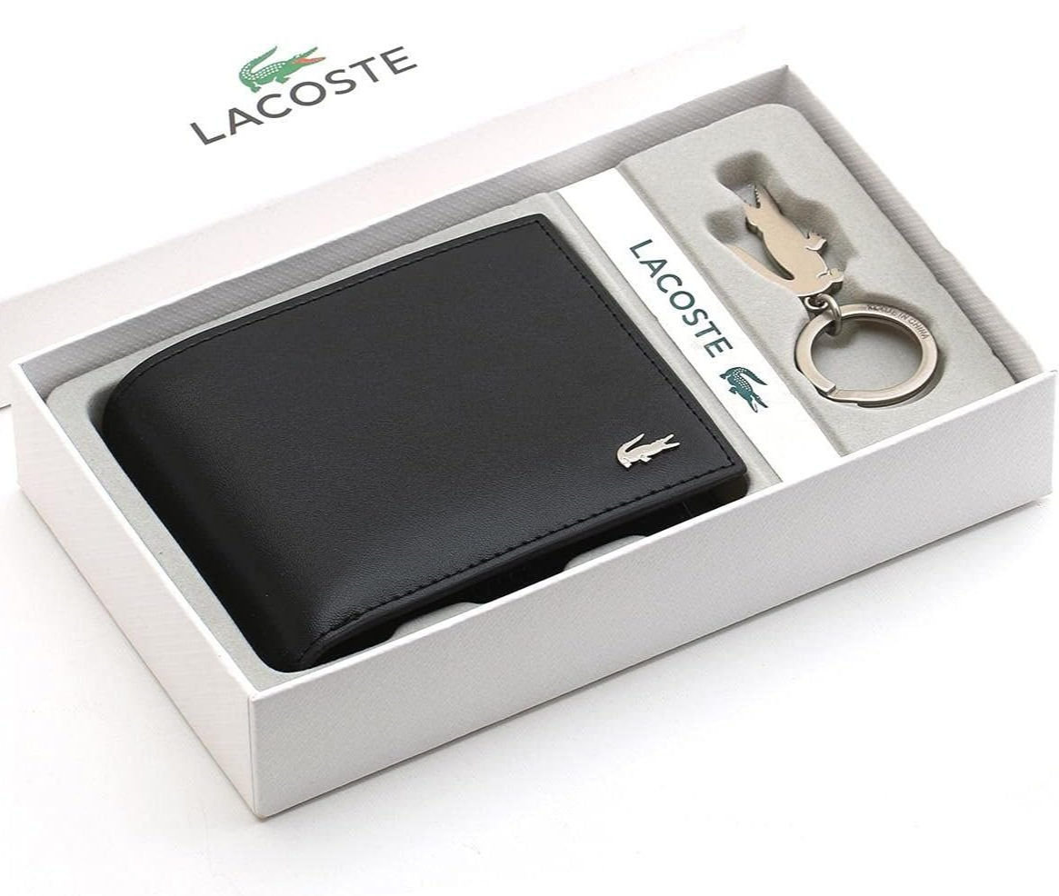Чоловічий шкіряний гаманець брендовий Lacoste з брелком в подарунковому упакованні, фото №1