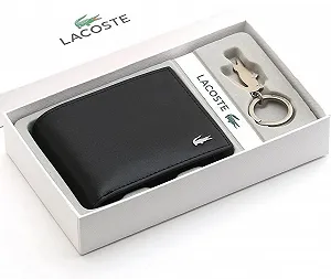 Чоловічий шкіряний гаманець брендовий Lacoste з брелком в подарунковому упакованні - Фото 1