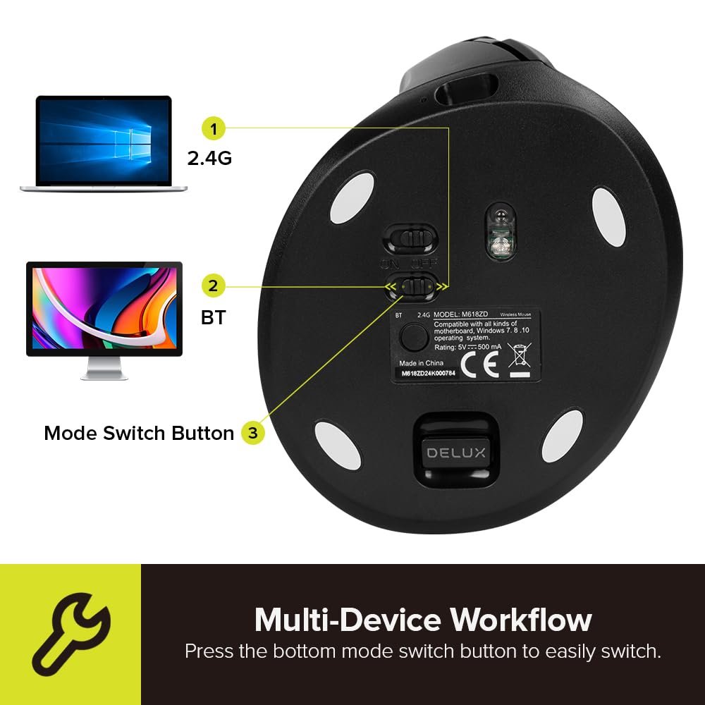 Мышь DELUX Эргономичная Вертикальная для Левой Руки Беспроводная Перезаряжаемая 4000 DPI 6 Кнопок 2.4G/BT Dual Mode Черная, фото №4