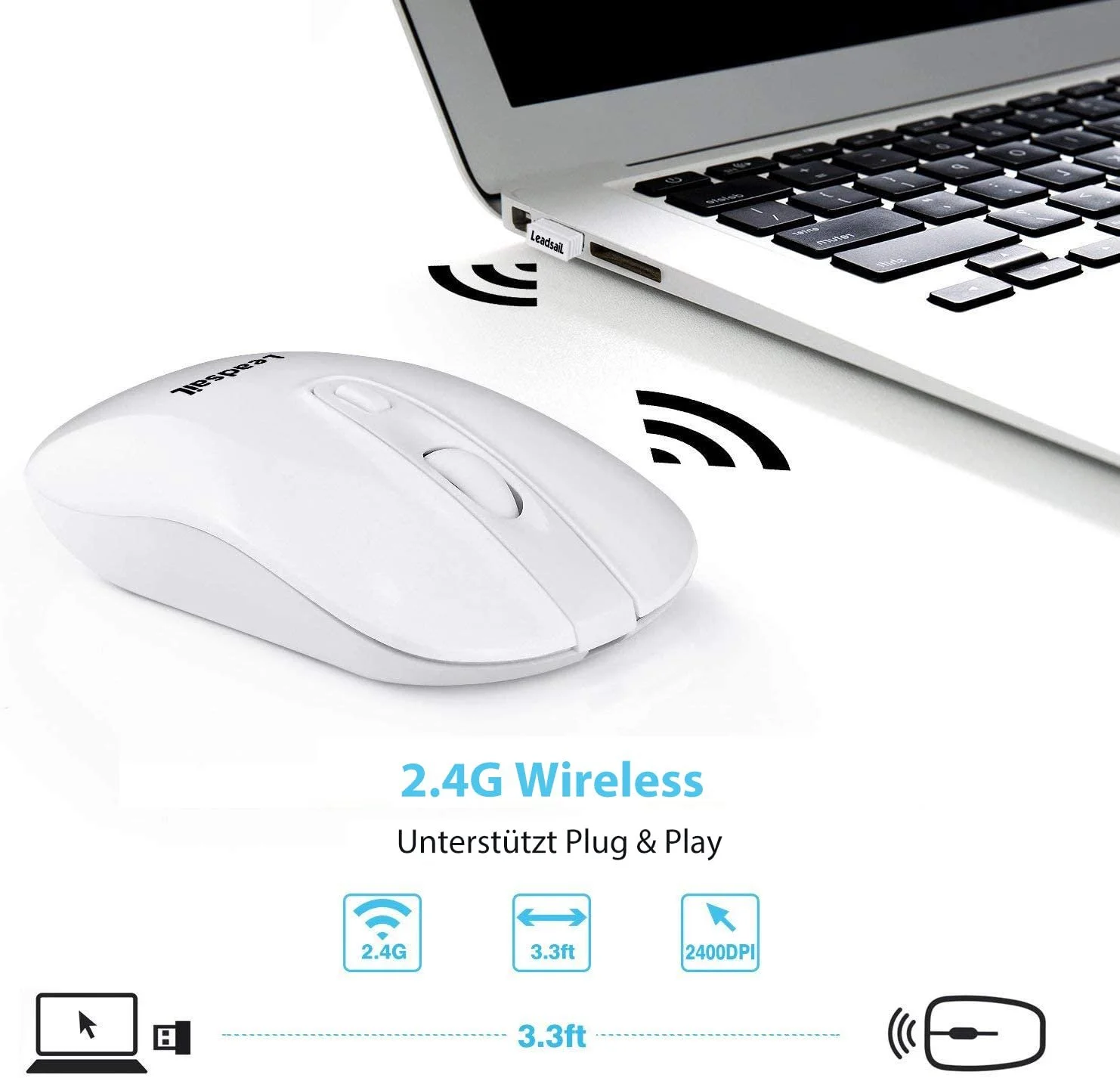 Мышь LeadsaiL Беспроводная Перезаряжаемая 2.4 GHz Эргономичная Тихая Кнопка включения/выключения 2400 DPI 5 Регулируемая, фото №4