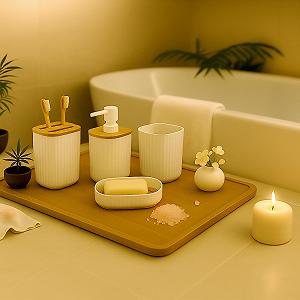 Набір для ванної кімнати Relaxdays, 6 предметів, аксесуари для ванної кімнати, пластик і бамбук synthetic.ua - Фото 1