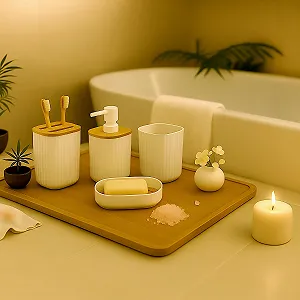 Набор для ванной комнаты Relaxdays, 6 предметов, аксессуары для ванной комнаты, пластик и бамбук, полный набор аксессуаров для ванной комнаты synthetic.ua - Фото 1