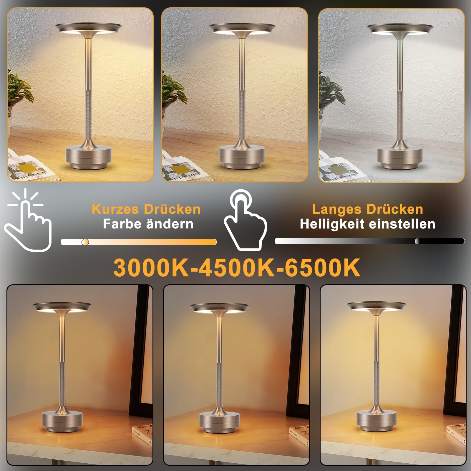 Настільна лампа LED акумуляторна сенсорна USB Нікель Комплект із 2 шт., фото №2