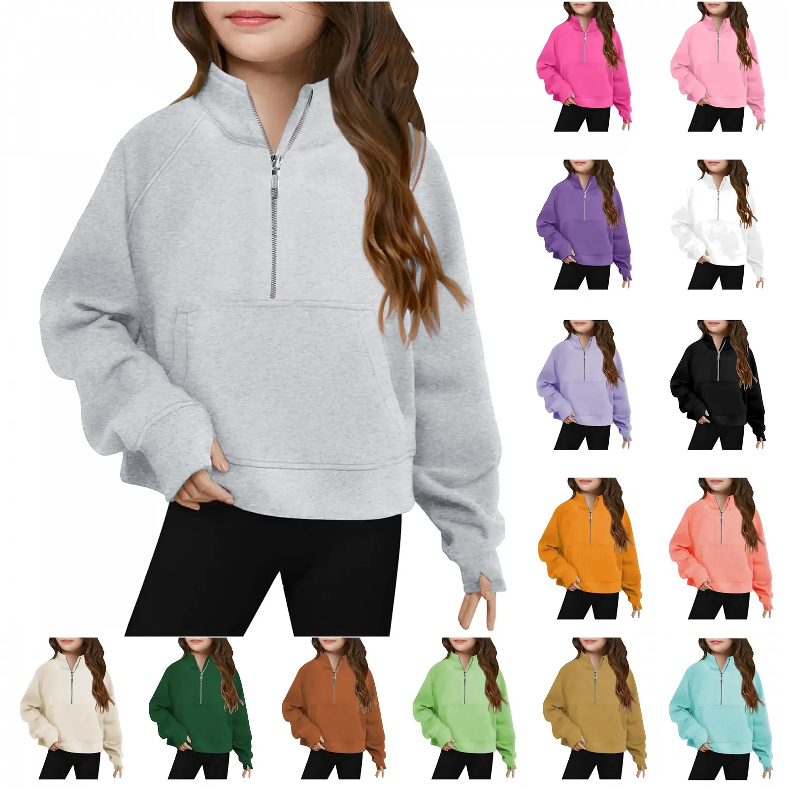 Пуловер для дівчат, світшот зі стійкою-коміром, з половинною блискавкою, з довгими рукавами, фото №1