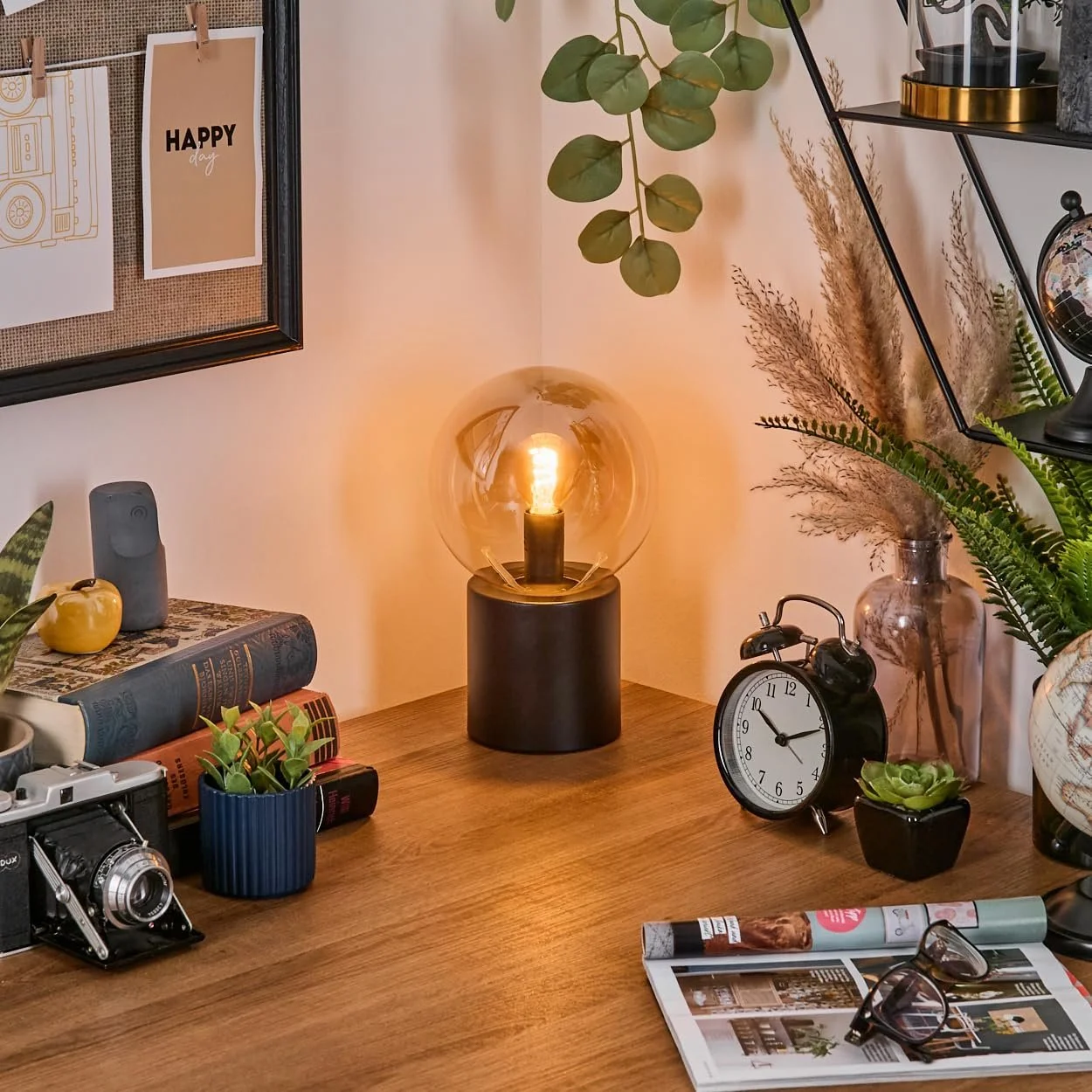 Настільна лампа HOFSTEIN Gastor метал / скло Чорний/Бурштиновий 15 см E14, фото №7