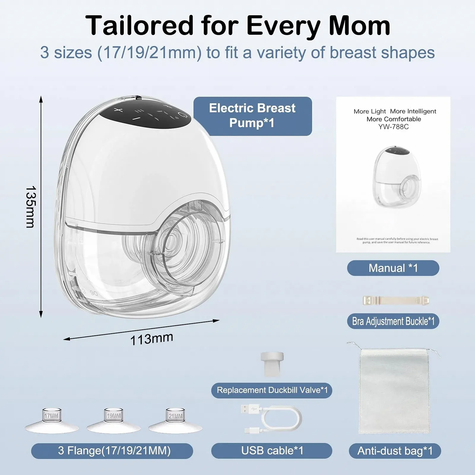 Молоковідсмоктувач електричний, 4 режими та 12 рівнів, портативний, безболісне сильне всмоктування, низький рівень шуму, запобігання протіканню з фланцями 17/19/21 мм (білий), фото №9 Молоковідсмоктувач електричний, 4 режими та 12 рівнів, портативний, безболісне сильне всмоктування, низький рівень шуму, запобігання протіканню з фланцями 17/19/21 мм (білий), фото №9