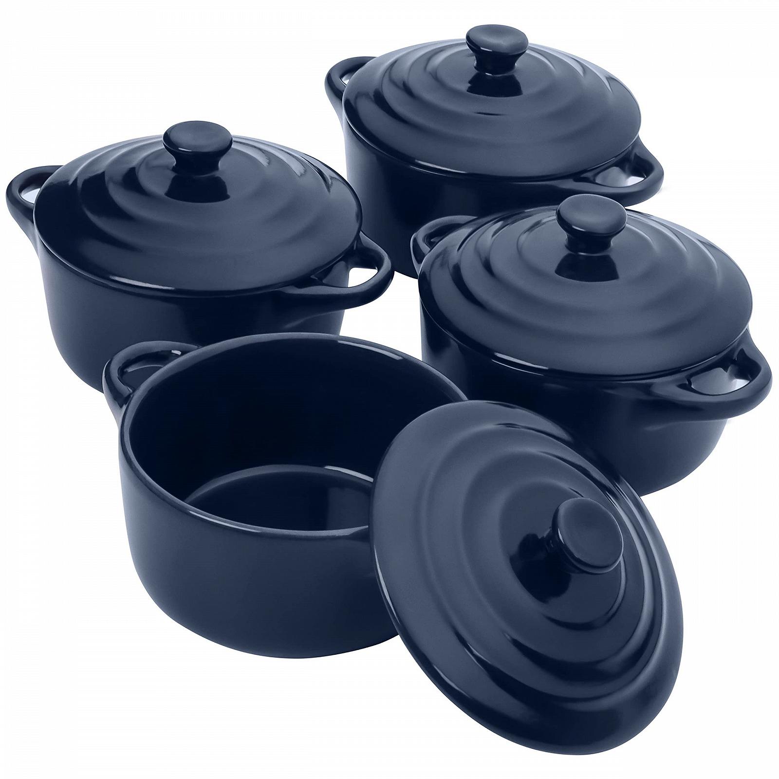 Формы для запекания Belle Vous Набор 4 шт Керамические с крышкой 177 мл Круглые Темно-синие, фото №1