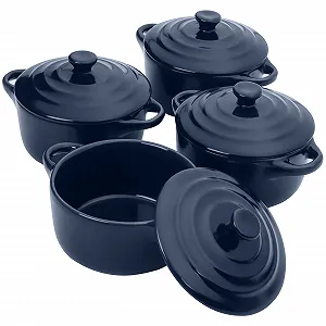 Формы для запекания Belle Vous Набор 4 шт Керамические с крышкой 177 мл Круглые Темно-синие - Фото 1
