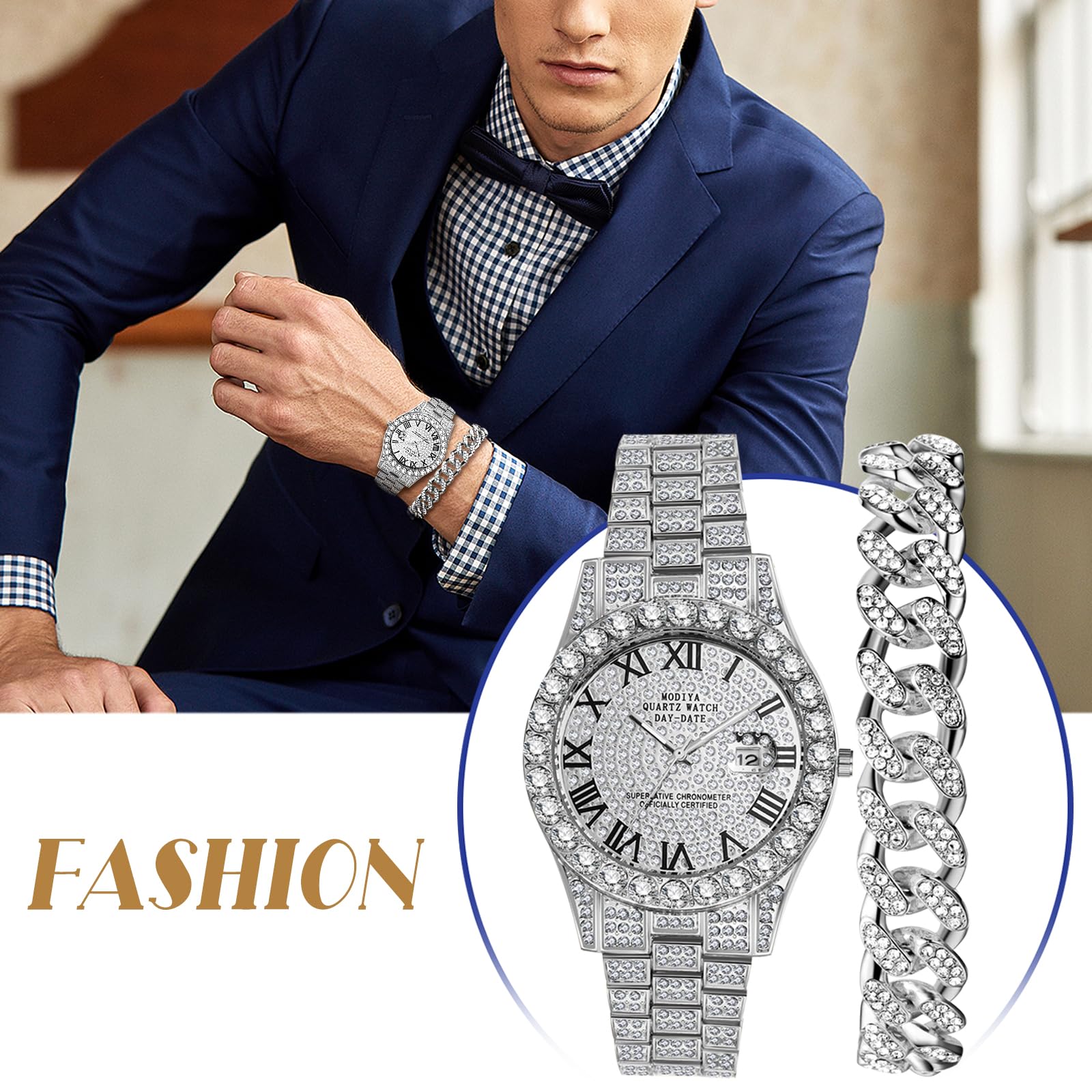 Годинники OIDEA Diamond Армбанд: 2 штуки Панцирний ланцюг Наручний браслет зі стразами Чоловічий годинник з ромською цифрами Календар Ювелірний виріб Чоловіки Друг Брат Батько, фото №4