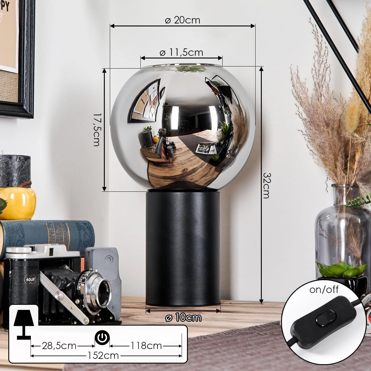 Настільна лампа HOFSTEIN Koyoto Метал/Скло E27 20 см Black/Chrome/Smoke, фото №5