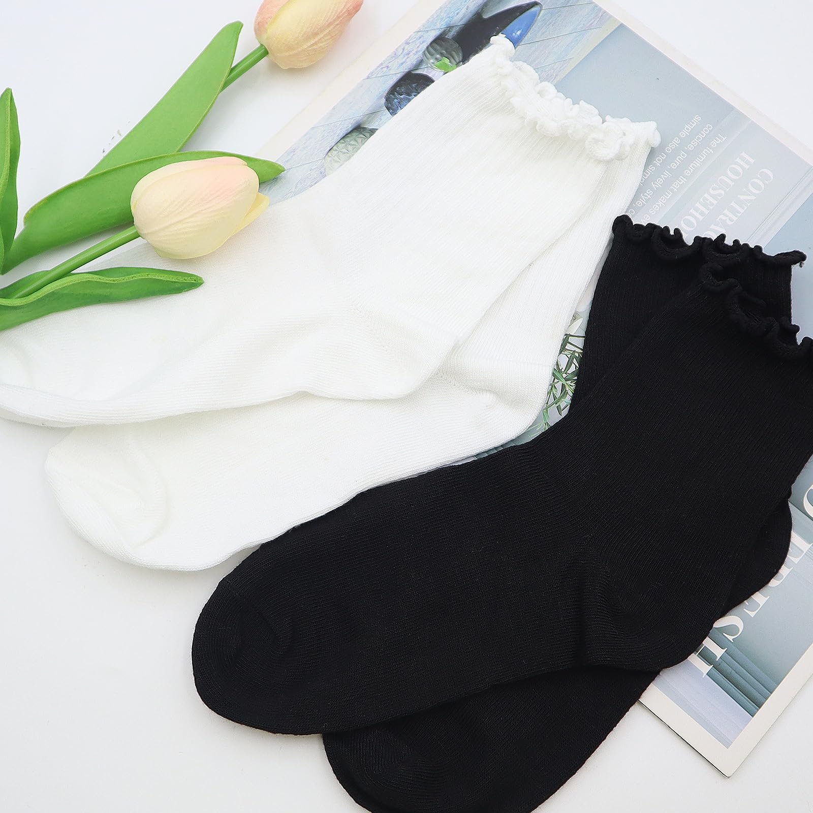 Носки с рюшами GETRICH Хлопковые носки с рюшами Женские Белый/Черный Размер 35-42, фото №7