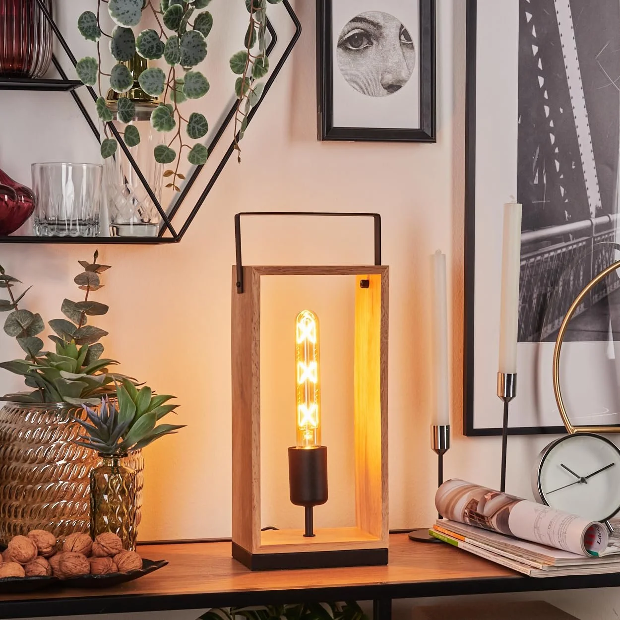 Настільна лампа HOFSTEIN Kabimoi метал/дерево E27 40 Вт Чорна/Натуральне дерево, фото №7