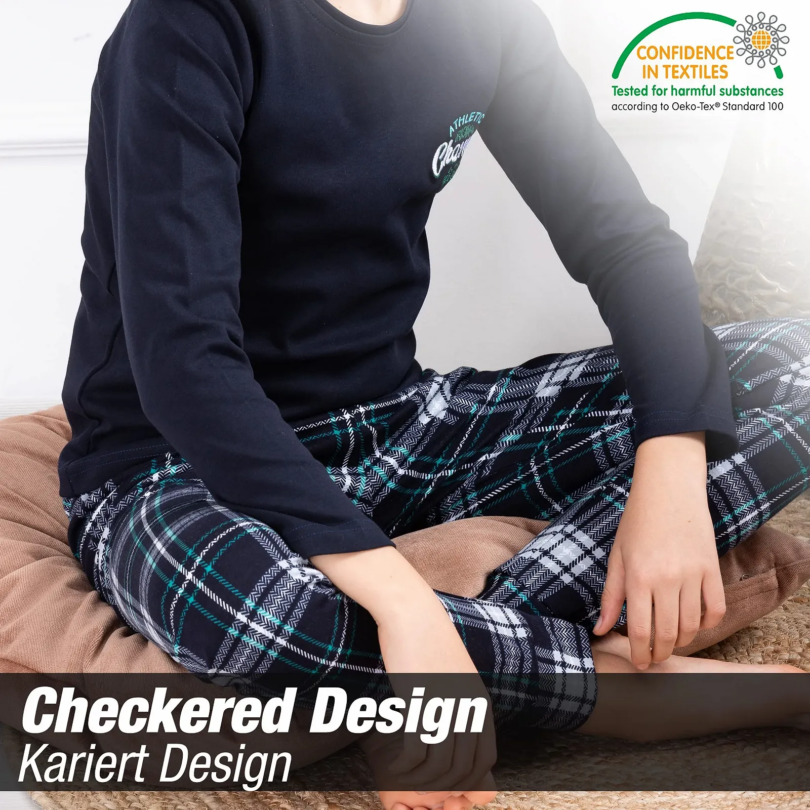 Пижама LOREZA для мальчиков, с длинными рукавами, 100% хлопок, тёплый интерлок в клетку, фото №6