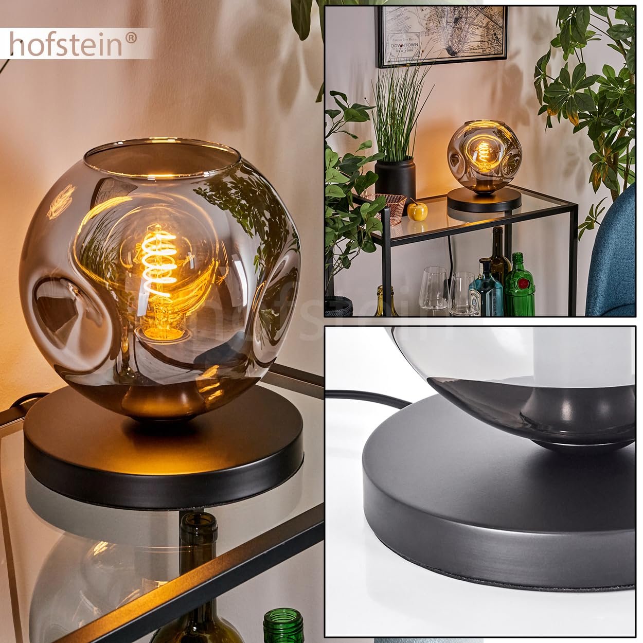 Настільна лампа Ripoll Метал/Скло Ретро/Вінтаж Ø 20 см Перемикач на кабелі 1 x E27 Без лампи Чорний/Димчастий, фото №2