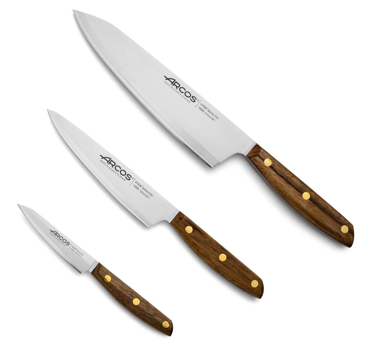 Набор кухонных ножей Arcos Nordika (нож для очистки + кухонный нож + поварской нож) NITRUM нержавеющая сталь, деревянная ручка Ovengkol, коричневый цвет, фото №1