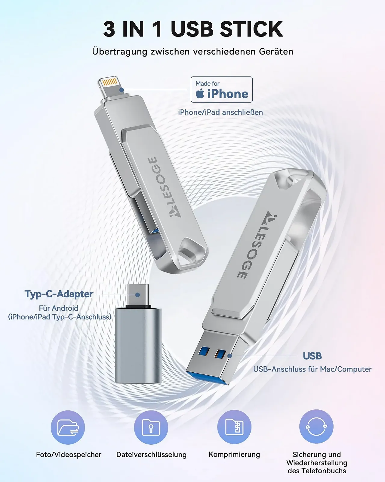 USB-накопичувач LESOGE 256 ГБ 3 в 1 USB 3.0 USB-C MFi Certified, фото №2 USB-накопичувач LESOGE 256 ГБ 3 в 1 USB 3.0 USB-C MFi Certified, фото №2