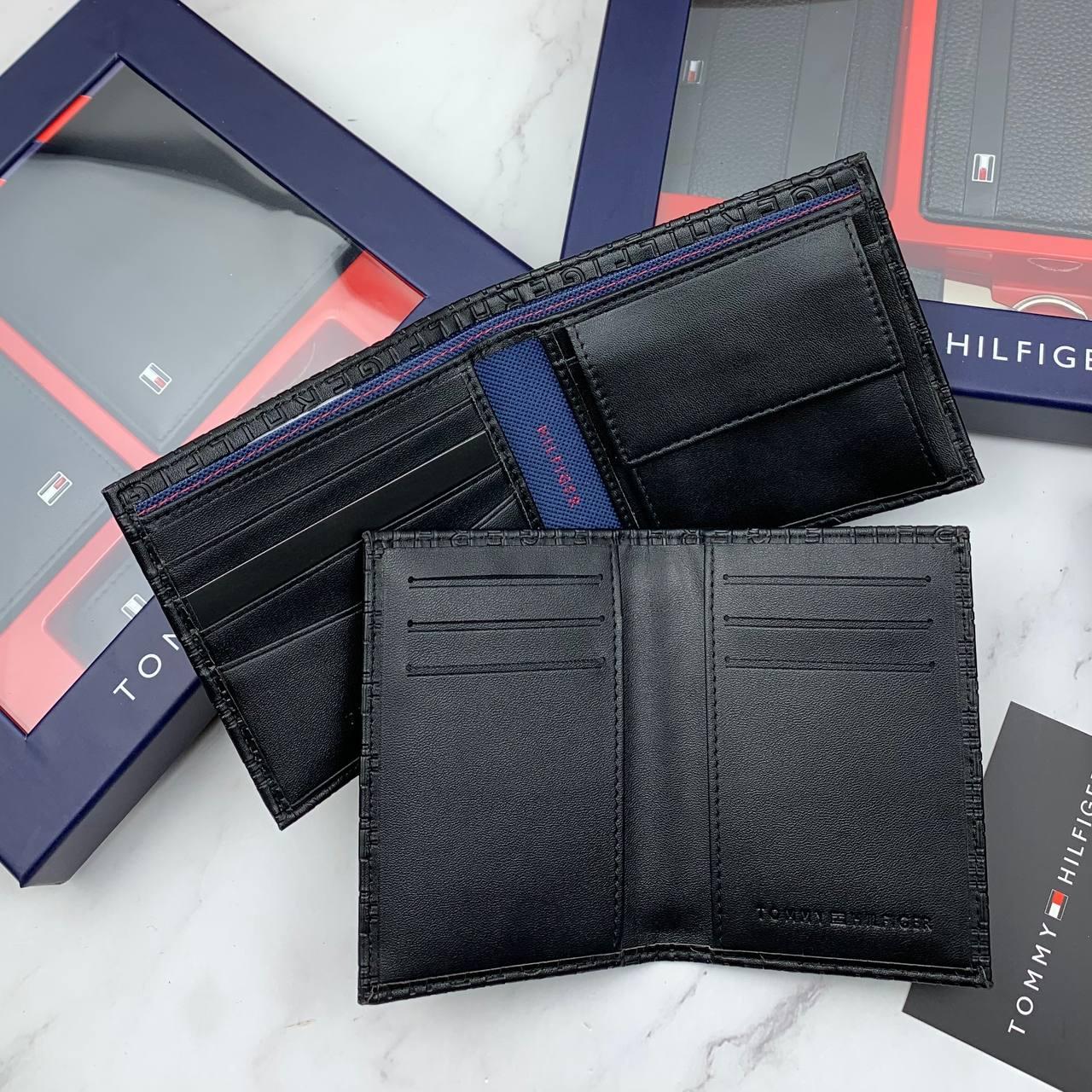 Мужской кошелек кожаный черный Tommy Hilfiger брендовый подарочный набор 3 в 1 портмоне картхолдер брелок, фото №3