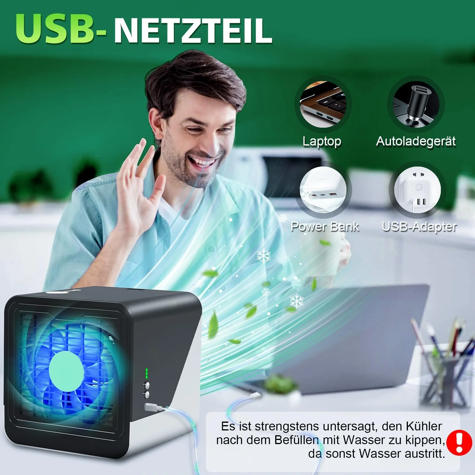 Мобільний кондиціонер Type-C 500 мл 3 швидкості 7 кольорів Нічне підсвічування Без витяжного шланга, фото №7