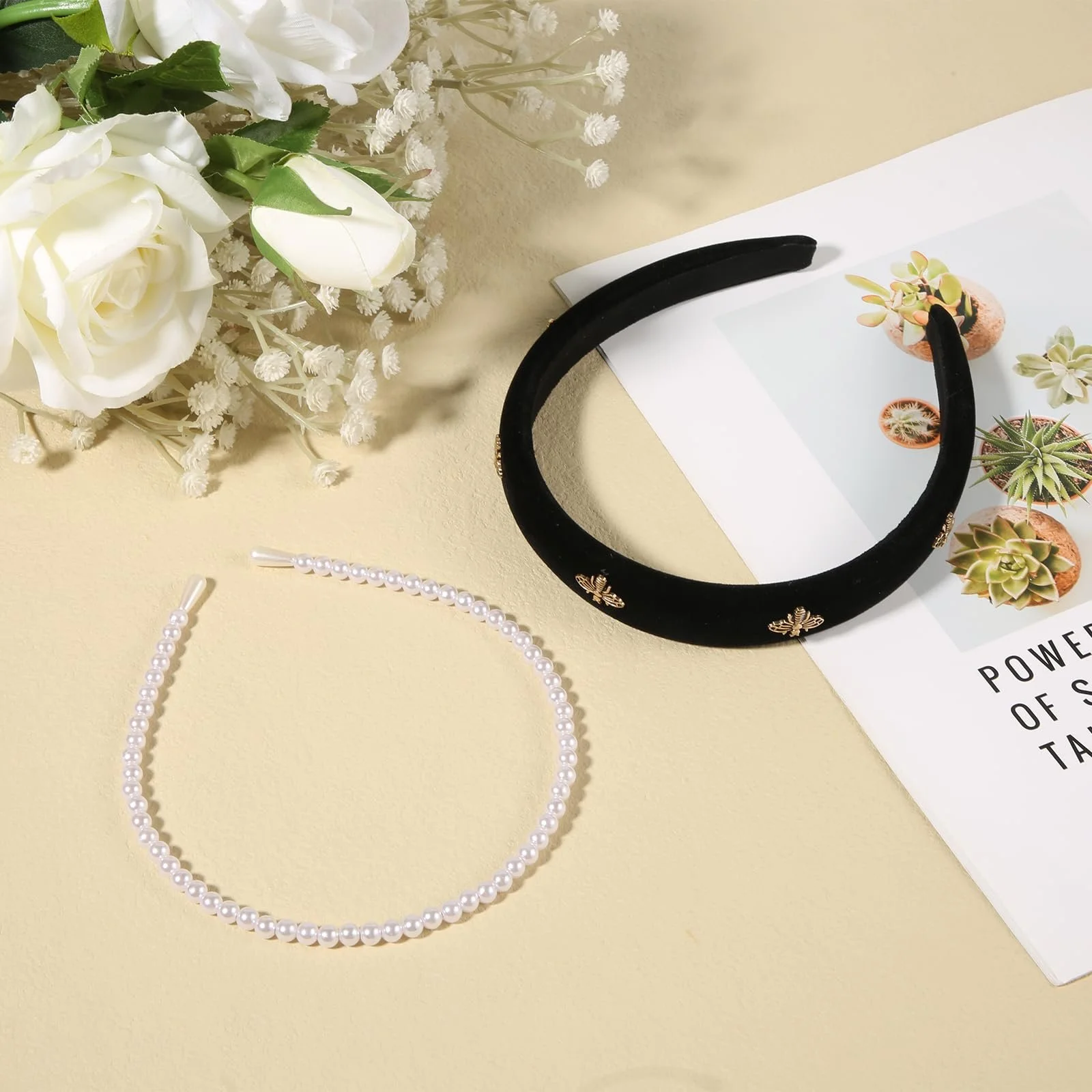 Обруч Оксамитовий з бджолою Чорний, Обруч з перлинами Білий, фото №3 Обруч Оксамитовий з бджолою Чорний, Обруч з перлинами Білий, фото №3