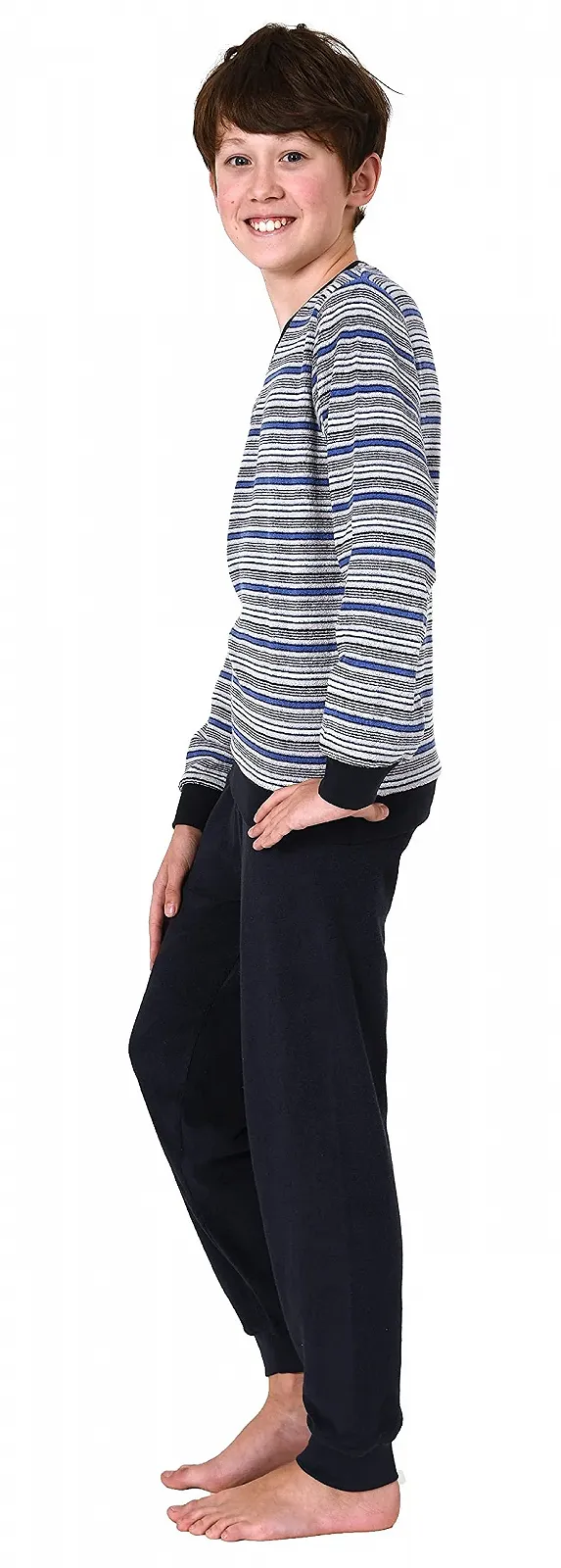 Тепла піжама для хлопчиків з махрової тканини, довга з манжетами та смужками 65689, фото №2