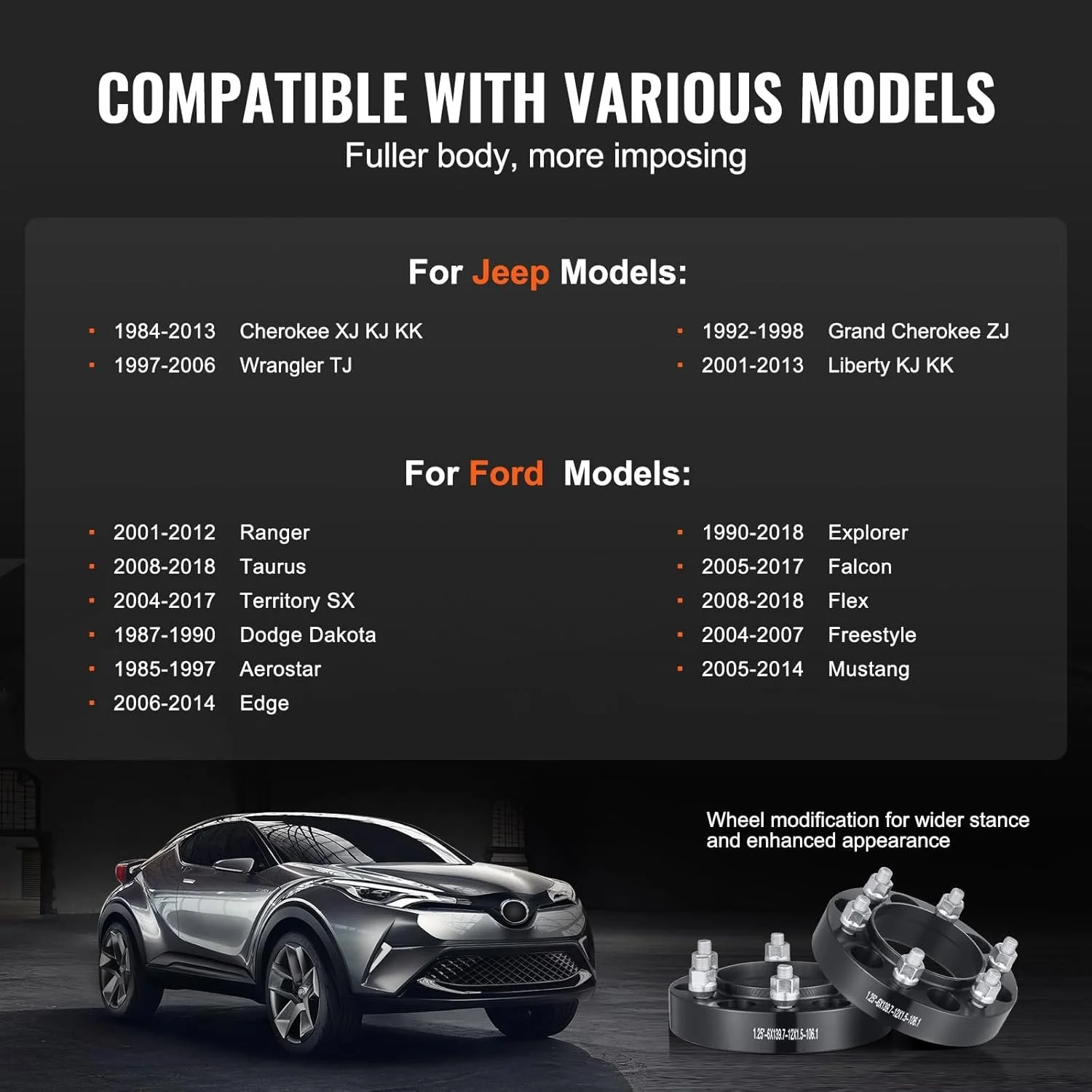 Проставки для коліс VEVOR 5450-5450-A-82.5-04 / Для Jeep та Ford 1984-2013 років випуску / 4 шт / Чорні, фото №5 Проставки для коліс VEVOR 5450-5450-A-82.5-04 / Для Jeep та Ford 1984-2013 років випуску / 4 шт / Чорні, фото №5