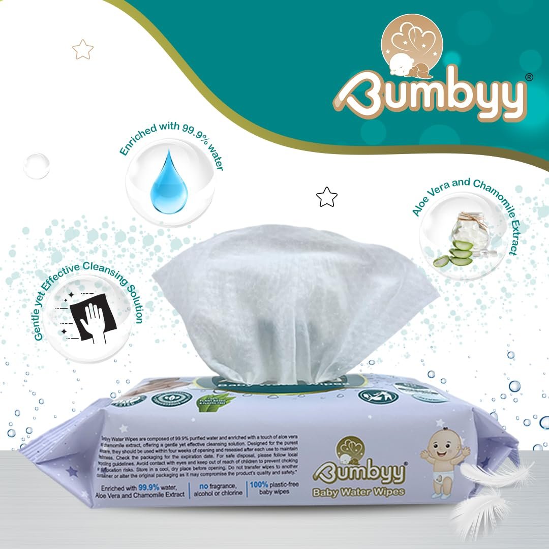 Вологі серветки Bumbyy Baby Water 240 штук (4 упаковки) з 99,9% вмістом води, без запаху, з екстрактом алое вера та ромашки, 100% на рослинній основі, без спирту, фото №4