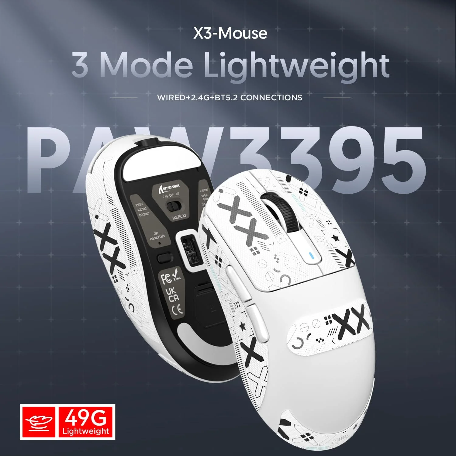 Мышь ATTACK SHARK X3 Superlight, 49 г, с клейкой лентой, игровой сенсор PixArt PAW3395, BT/2.4G беспроводная/проводная, 6 DPI 26000, 200 часов работы от аккумулятора, белая, фото №6