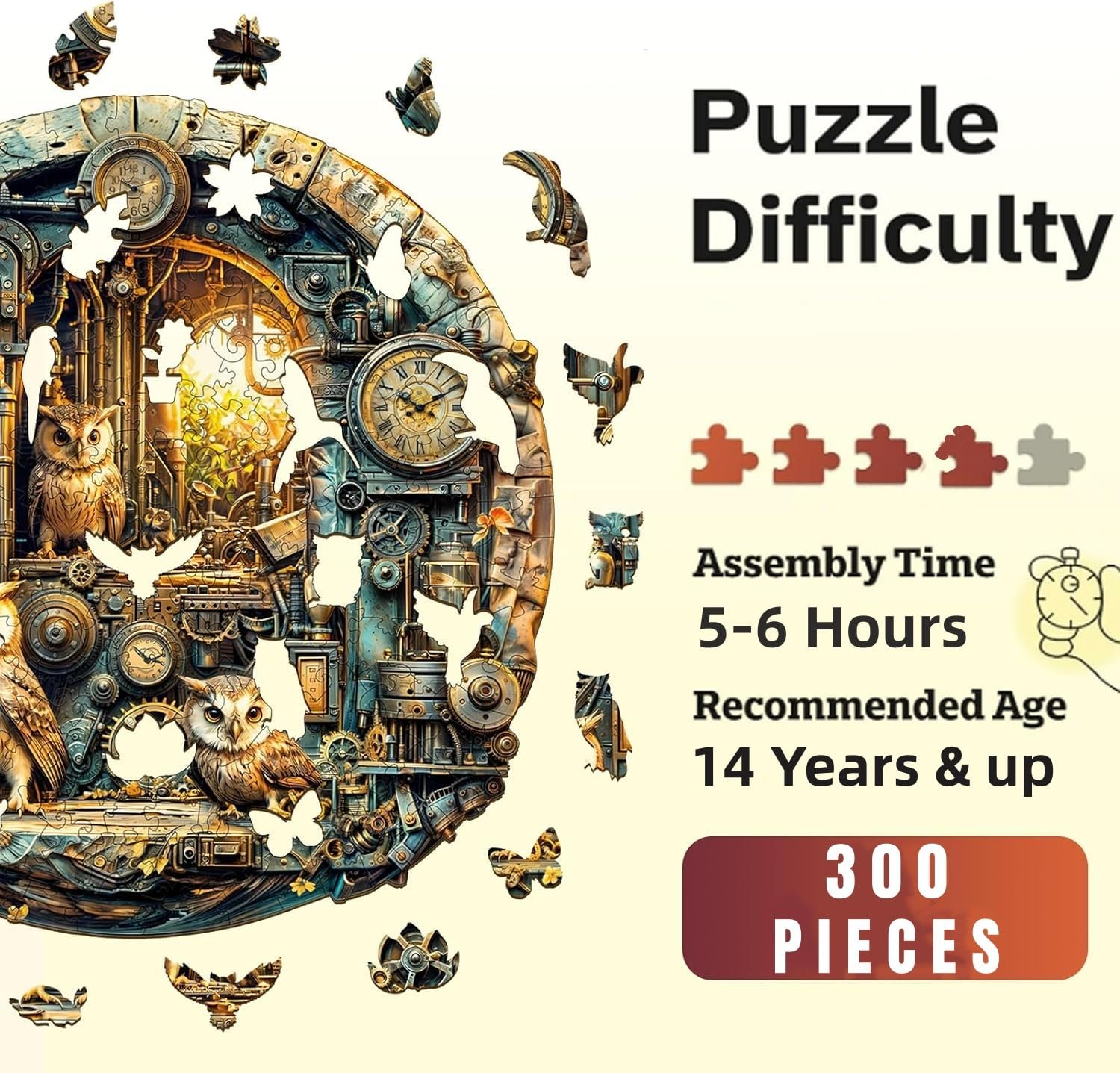 Пазл дерев'яний Steampunk Owl 300 елементів 34 x 33.9 см, фото №1