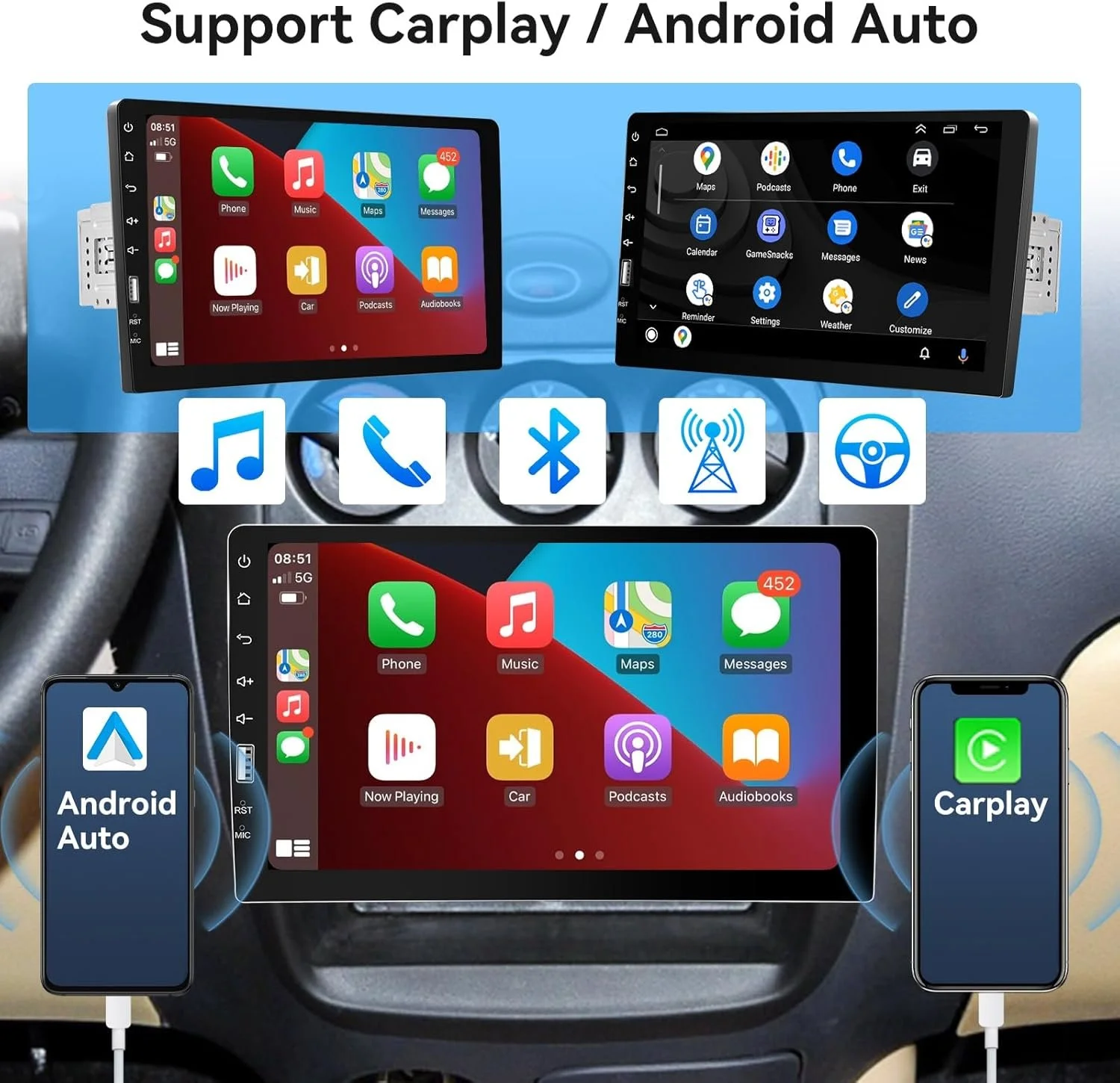 Автомагнитола Rimoody / 9" / Сенсорная / Apple CarPlay / Android Auto / Bluetooth / FM / USB / AUX / 1DIN, фото №2